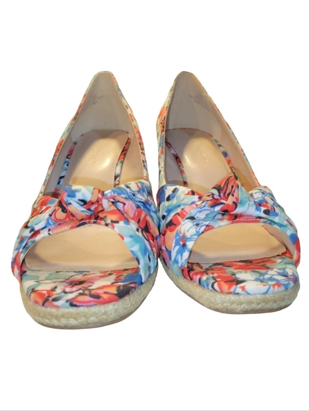 Kelly & Katie Ivala Floral Wedge Espadrille Sandal Red Blue Peep Toe Size 10